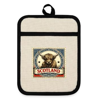 Timbre vintage Highland Cow Scotland - Maniques avec dos en caoutchouc - lin/noir  - Devant