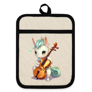 Kuschelbunny mit Cello - Topflappen mit Gummirückseite - Leinen/Schwarz  - Vorne