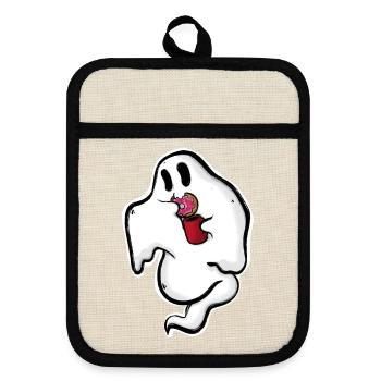 Ghost with donut and cup - Pot holders with rubber back - linen/black  - Front