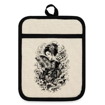 Geishas japonaises dans le style tatouage Irezumi - Maniques avec dos en caoutchouc - lin/noir  - Devant