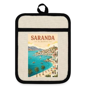 Entdecken Sie die albanische Riviera und Saranda - Topflappen mit Gummirückseite - Leinen/Schwarz  - Vorne