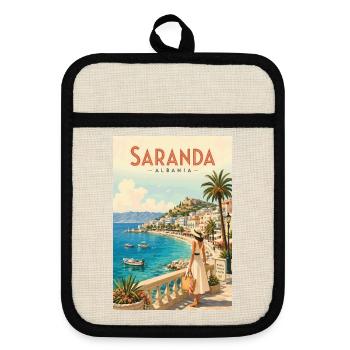 Entdecken Sie die albanische Riviera und Saranda - Topflappen mit Gummirückseite - Leinen/Schwarz  - Vorne