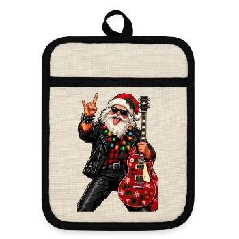 Santa Rock Weihnachtsgitarre - Topflappen mit Gummirückseite - Leinen/Schwarz  - Vorne