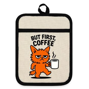 But first coffee cat - Topflappen mit Gummirückseite - Leinen/Schwarz  - Vorne