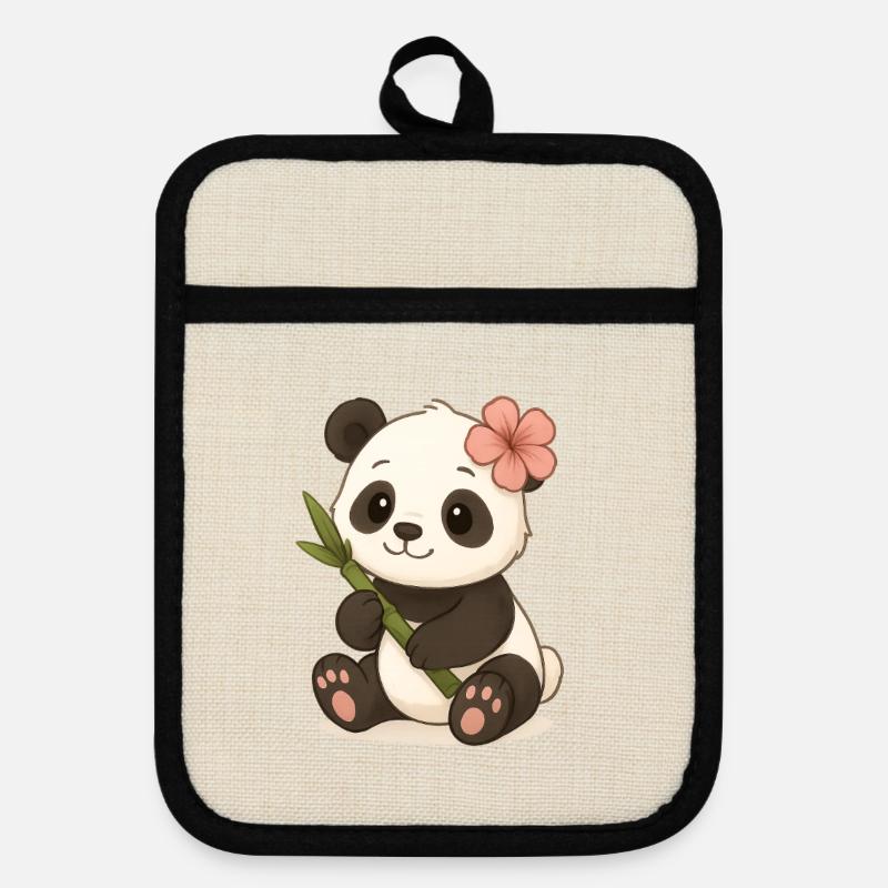 Cute panda bear with hibiscus leaf - Pot holders with rubber back - linen/black