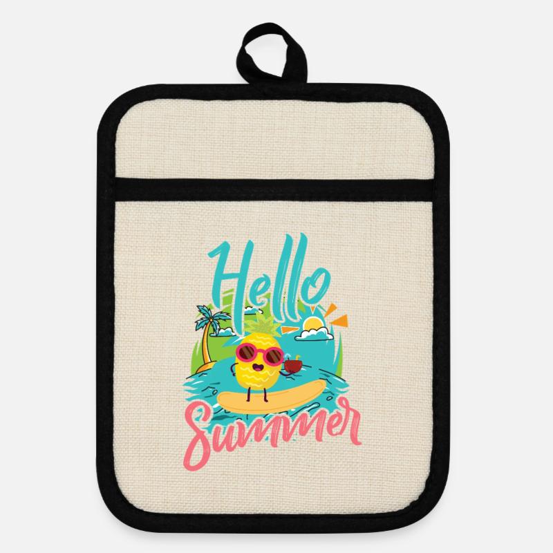 Summery surf pineapple with sunglasses - Pot holders with rubber back - linen/black 