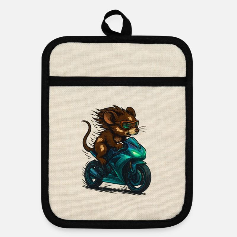 Motorcycle Mouse - Pot holders with rubber back - linen/black