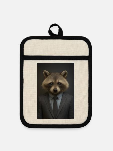 Waschbär im Anzug – Geschäftsstil - Topflappen mit Gummirückseite - Leinen/Schwarz