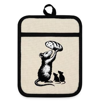 Rat soulevant une miche de pain – illustration graphique - Maniques avec dos en caoutchouc - lin/noir  - Devant