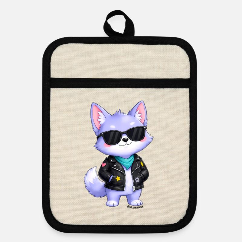 Little Purple Wolf Sticker - Pot holders with rubber back - linen/black 