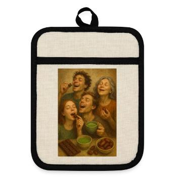Gourmet round: Family shares cocoa chocolate - Pot holders with rubber back - linen/black  - Front