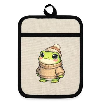 Kuschelfrosch im Winterpullover - Topflappen mit Gummirückseite - Leinen/Schwarz  - Vorne