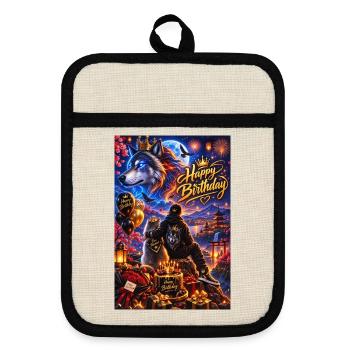 Luminous Birthday Wolf Night Scene - Pot holders with rubber back - linen/black  - Front