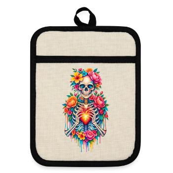 Blüten-Skull Herzfeuer - Topflappen mit Gummirückseite - Leinen/Schwarz  - Vorne
