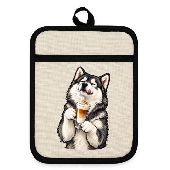 Alaskan Malamute mit Latte Macchiato - Topflappen mit Gummirückseite - Leinen/Schwarz  - Vorne