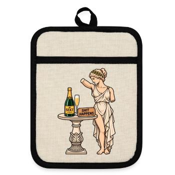 Statue mit Sekt und Spruch - Shit happens - Topflappen mit Gummirückseite - Leinen/Schwarz  - Vorne