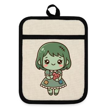 Süßes Kawaii-Zombie-Mädchen hält ein gesticktes Herz - Topflappen mit Gummirückseite - Leinen/Schwarz  - Vorne