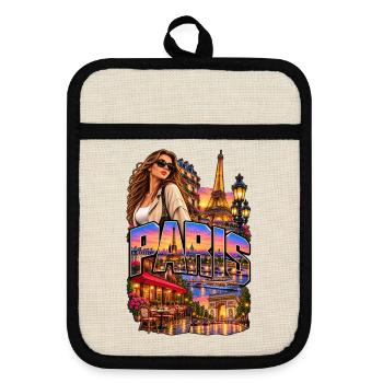 Paris Neon Skyline mit Stilfigur - Topflappen mit Gummirückseite - Leinen/Schwarz  - Vorne