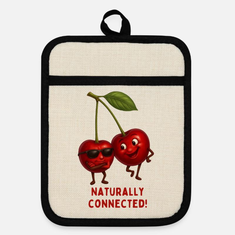 Naturally Connected Cherries - Pot holders with rubber back - linen/black 