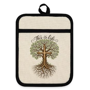 Religion Baum Kreuz Spruch - Topflappen mit Gummirückseite - Leinen/Schwarz  - Vorne