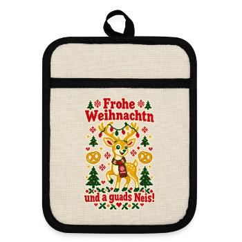Frohe Weihnachtn a guads Neis - Topflappen mit Gummirückseite - Leinen/Schwarz  - Vorne