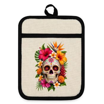 Halloween Sugar Skull Sugarskull  - Topflappen mit Gummirückseite - Leinen/Schwarz  - Vorne