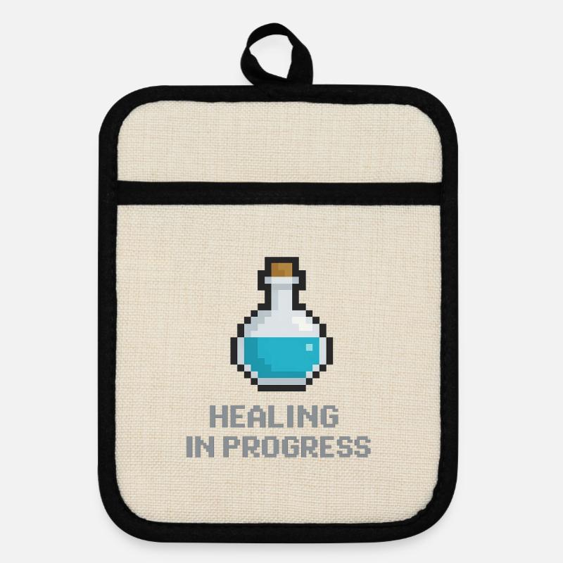 Pixel Healing Potion - Pot holders with rubber back - linen/black 