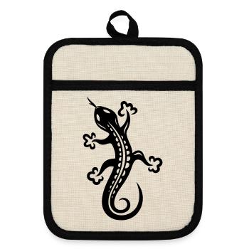 Small lizard, salamander, Tattoo. - Pot holders with rubber back - linen/black  - Front