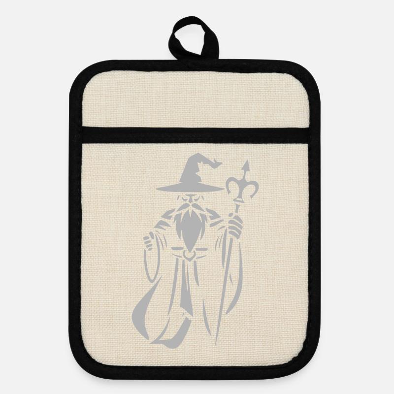Arcane Wizard with Staff - Pot holders with rubber back - linen/black