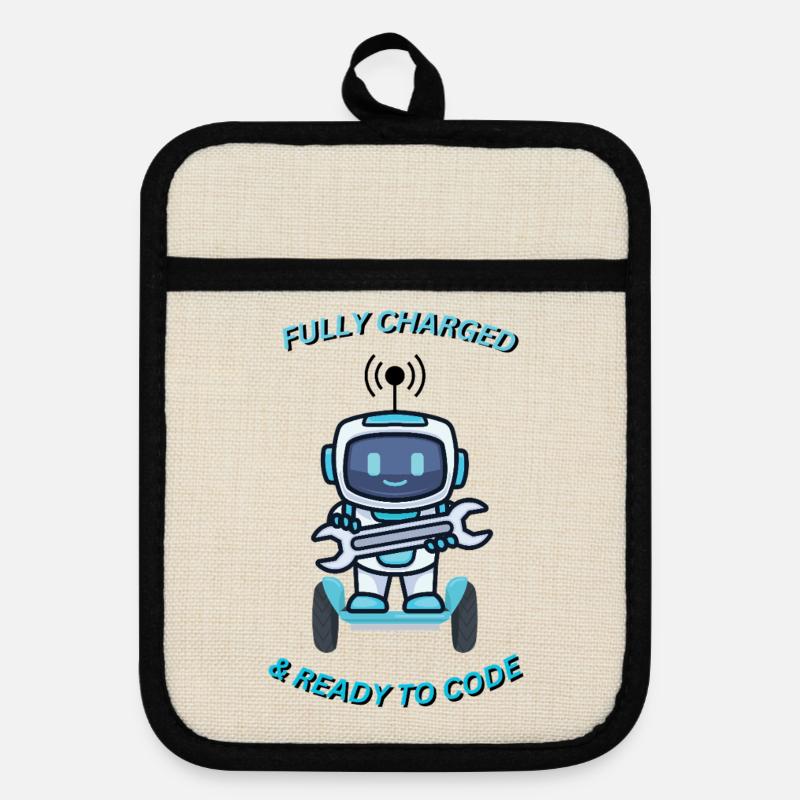Robot with wrench - Pot holders with rubber back - linen/black