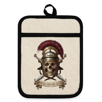 Römer Schädelhelm in antiker Kriegsrüstung - Topflappen mit Gummirückseite - Leinen/Schwarz  - Vorne