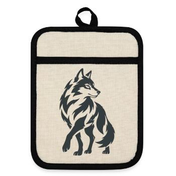 Geometrischer Wolf – Silhouette - Topflappen mit Gummirückseite - Leinen/Schwarz  - Vorne