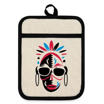 Un masque africain avec des lunettes de soleil - Maniques avec dos en caoutchouc - lin/noir  - Devant