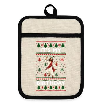 Ugly Christmas Sweater Pattern Jesus - Topflappen mit Gummirückseite - Leinen/Schwarz  - Vorne