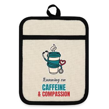 Caffeine and Compassion – Pflege mit Kaffee - Topflappen mit Gummirückseite - Leinen/Schwarz  - Vorne