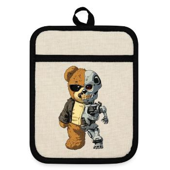 Bear Robot Cyborg - Pot holders with rubber back - linen/black  - Front