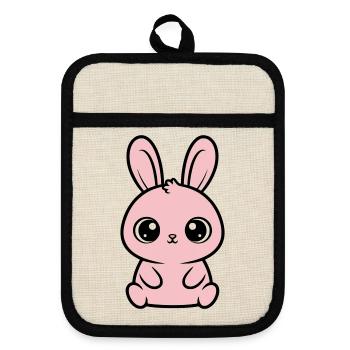 Kawaii Bunny Grands Yeux Roses Mignons - Maniques avec dos en caoutchouc - lin/noir  - Devant