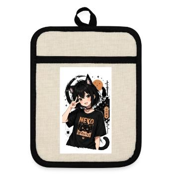 Neko Nachtkatze Shirt - Topflappen mit Gummirückseite - Leinen/Schwarz  - Vorne