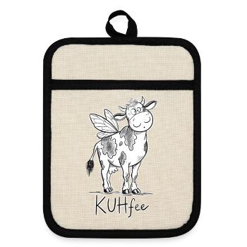 Kuhfee Kuh Fee Wortspiel Bauernhof Fantasy Humor - Topflappen mit Gummirückseite - Leinen/Schwarz  - Vorne