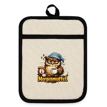 Morgenmuffel Eule mit Kaffee - Topflappen mit Gummirückseite - Leinen/Schwarz  - Vorne