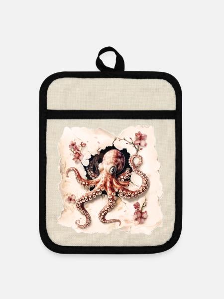 Oktopus - Topflappen mit Gummirückseite - Leinen/Schwarz 