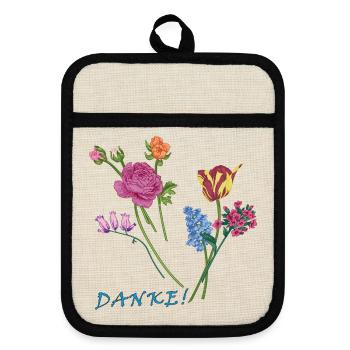 Danke mit einem Blumenstrauß  - Topflappen mit Gummirückseite - Leinen/Schwarz  - Vorne