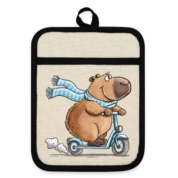 Capybara auf Roller Lustiges Tiermotiv Scooter - Topflappen mit Gummirückseite - Leinen/Schwarz  - Vorne