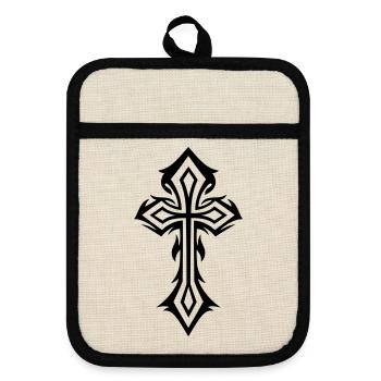 Croix, Crucifix, avec des épines, style gothique. - Maniques avec dos en caoutchouc - lin/noir  - Devant