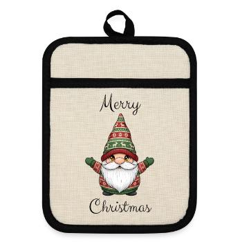 Cute Christmas Gnome – Cute Winter Design - Pot holders with rubber back - linen/black  - Front
