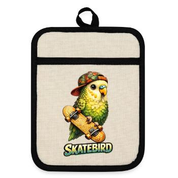 Skatebird – Tropischer Papagei mit Skateboard & Ca - Topflappen mit Gummirückseite - Leinen/Schwarz  - Vorne