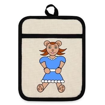 Bärin im Blaues Kleid mit Perlen - Topflappen mit Gummirückseite - Leinen/Schwarz  - Vorne