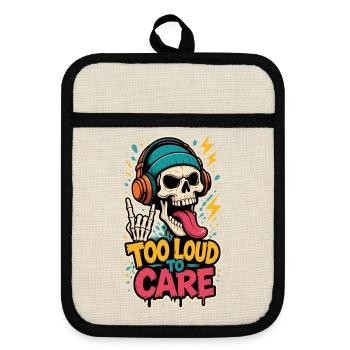 Too Loud to Care – Totenkopf mit Kopfhörern - Topflappen mit Gummirückseite - Leinen/Schwarz  - Vorne
