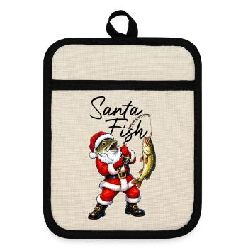 Santa Fish angeln Weihnachtsmann mit Fischkopf ang - Topflappen mit Gummirückseite - Leinen/Schwarz  - Vorne