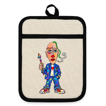 Buntmaler Cartoon mit Pinsel - Topflappen mit Gummirückseite - Leinen/Schwarz  - Vorne